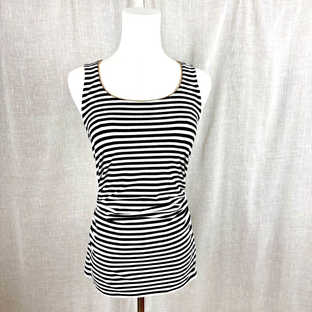 Black White Striped Tank Top Metallic Gold Neck Gathered Sides Preppy Coastal XS